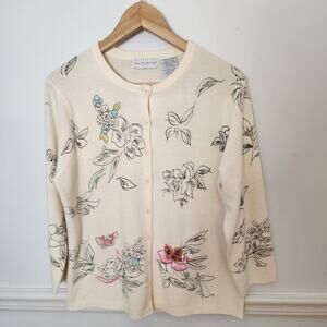 Vtg Y2K White Stag Cardigan Sweater Sz Large Womens Fairy Cottage Floral Sequin